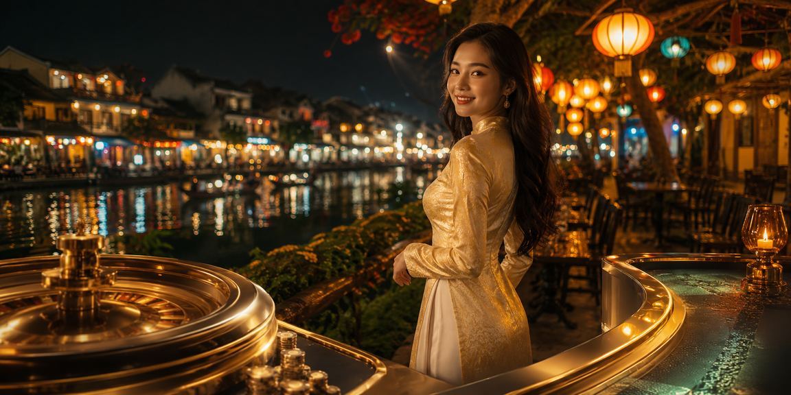 Người phụ nữ áo dài tại Hội An trải nghiệm casino trực tuyến với không khí truyền thống