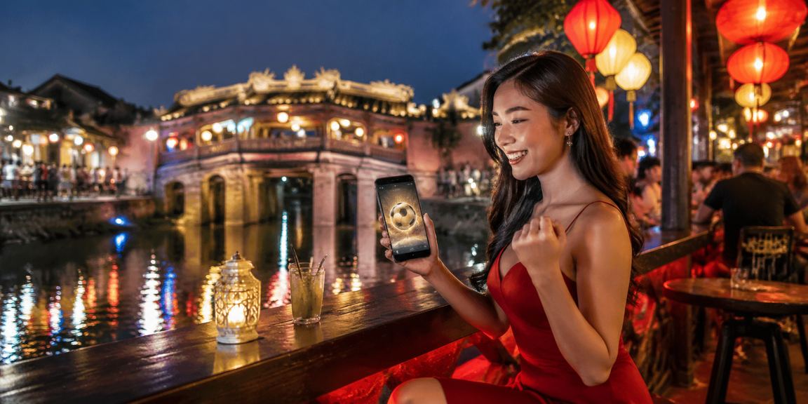 Người dùng tại Hội An xem kết quả football betting tại chợ đêm dưới ánh đèn lung linh